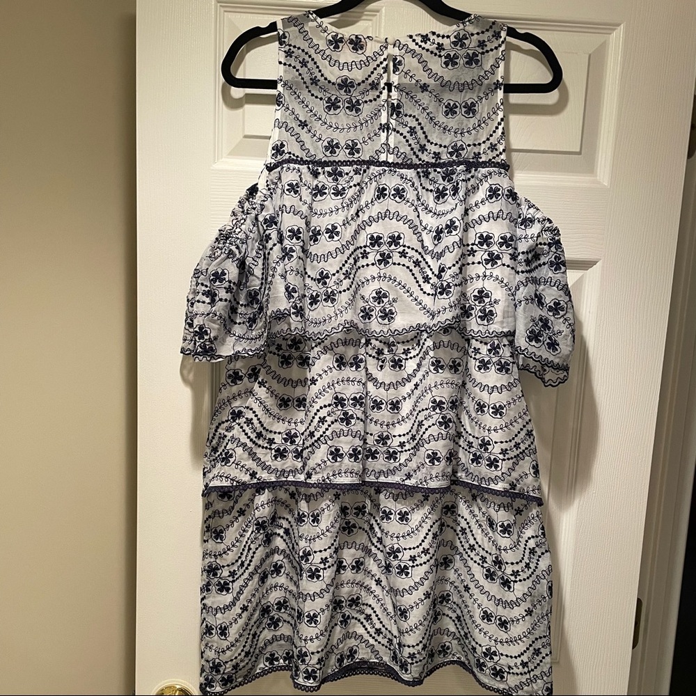 FoxieDox Navy & white embroidered, tiered, cold shoulder dress